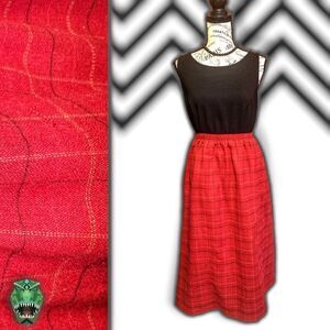 Vintage 1990’s Quirky Twee Schoolgirl Red & Black Elastic Waist Plaid Midi Skirt